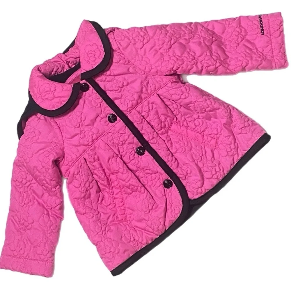 LONDON FOG pink with black piping quilted infant coat with hood Size 12M EUC